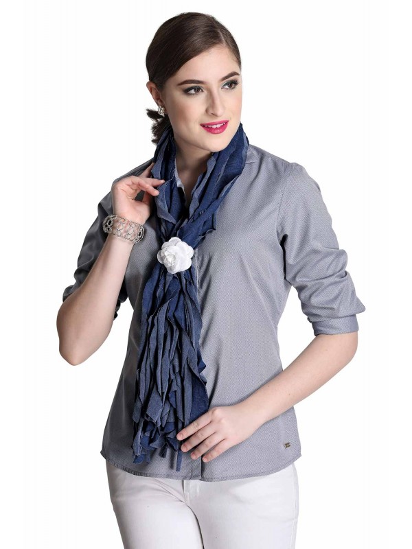 Caressa By Zenitex Grey Cotton Woollen Scarf With Tie Crochet Button