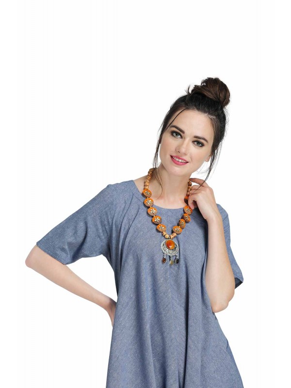 Caressa By Zenitex Orange Wooden Circular Pearl Necklace With Wooden Beads & Pendant