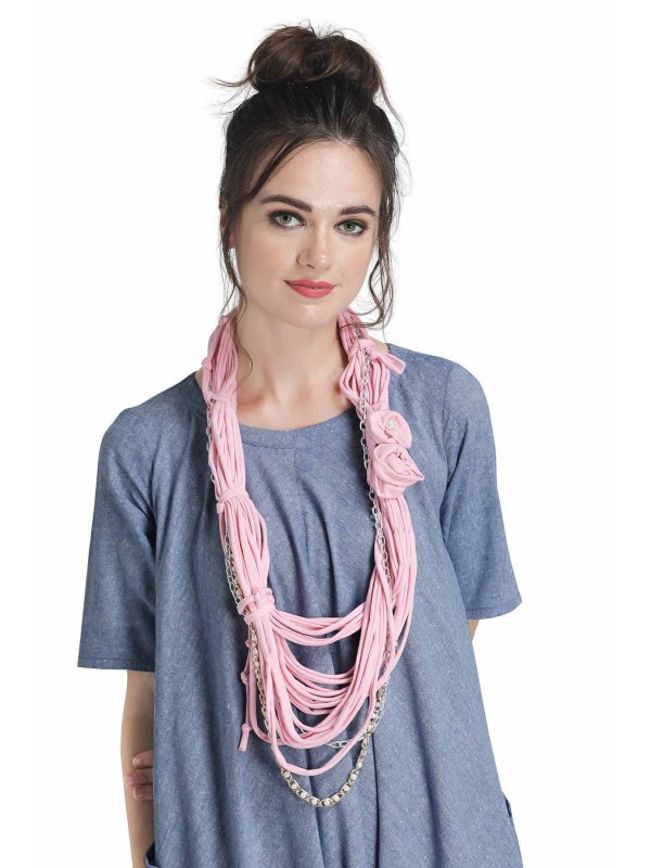 Caressa By Zenitex Pink Cotton Lycra Necklace With Golden Pearl Chain & Silver Chain