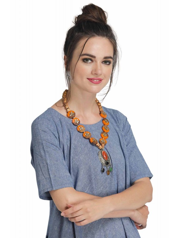 Caressa By Zenitex Orange Wooden Circular Pearl Necklace With Wooden Beads & Pendant