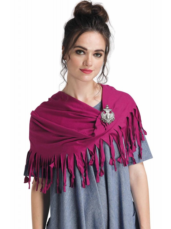 Caressa By Zenitex Magenta Cotton Lycra T-Shirt Scarf With Silver Metal Broach