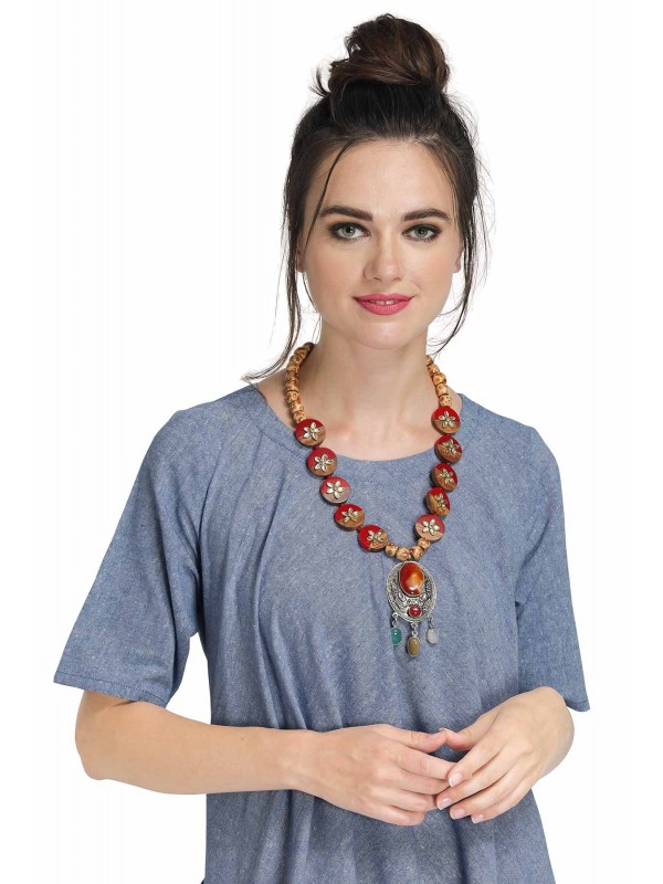Caressa By Zenitex Maroon Pearl Necklace With Brown Wooden Beads & Pendant