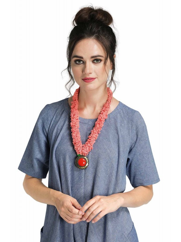 Caressa By Zenitex Peach Cotton Lycra Necklace With Peach Tuft & Pendant