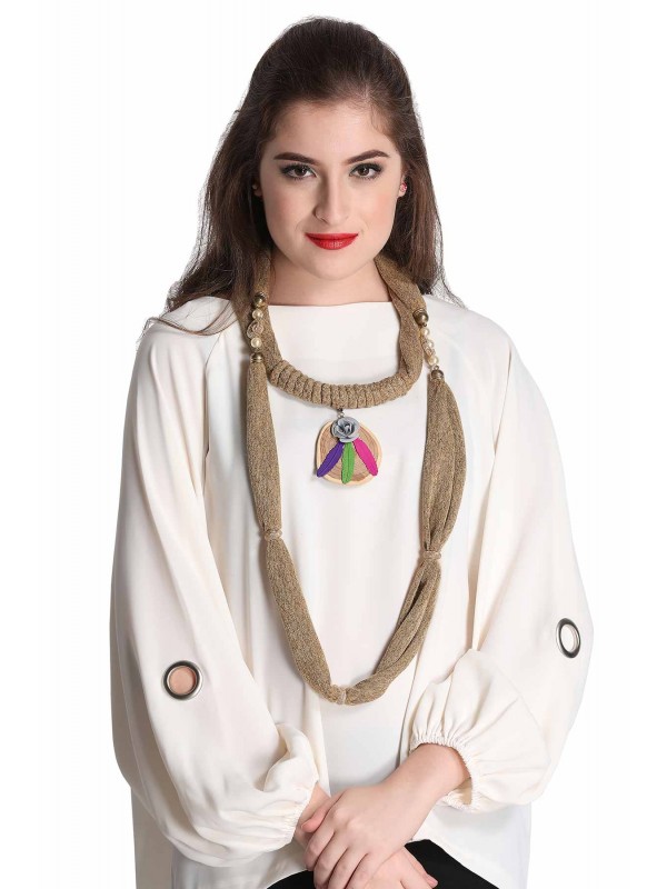 Caressa By Zenitex Beige Cotton Lycra White Pearl Necklace With Wooden Pendant 