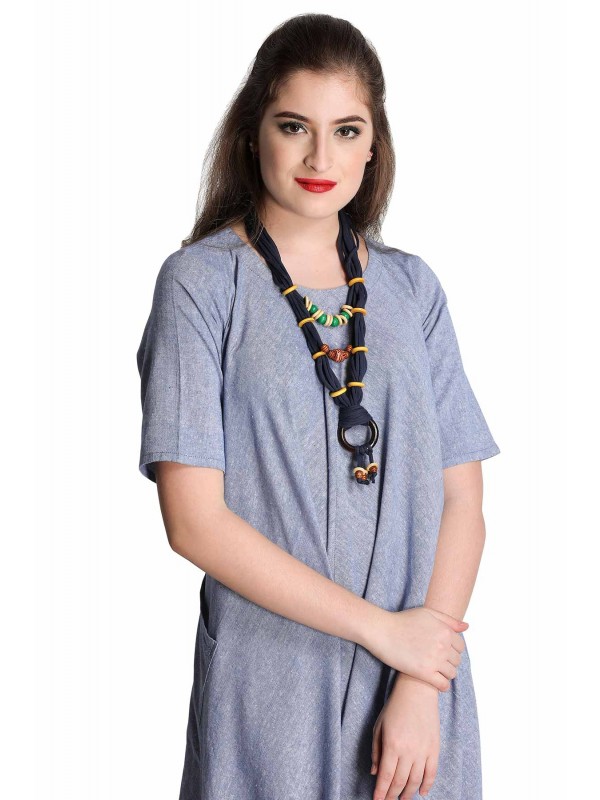Caressa By Zenitex Blue Cotton Lycra Necklace With Wooden Beads & Ring