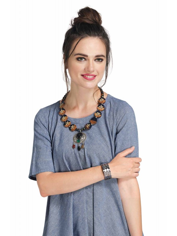 Caressa By Zenitex Brown Pearl Necklace With Black Wooden Beads & Pendant