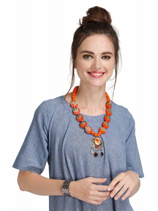 Caressa By Zenitex Orange Pearl Necklace With Brown Wooden Beads & Pendant