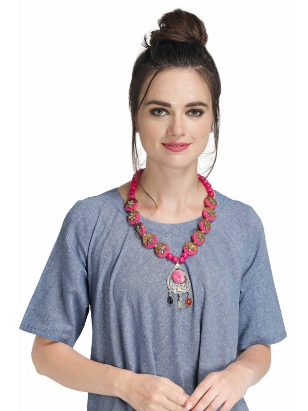 Caressa By Zenitex Pink Pearl Necklace With Brown Wooden Beads & Pendant