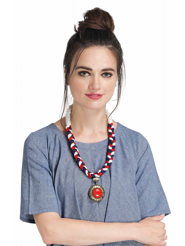 Caressa By Zenitex Multicolour Yarn Necklace With Copper & Red Pendant