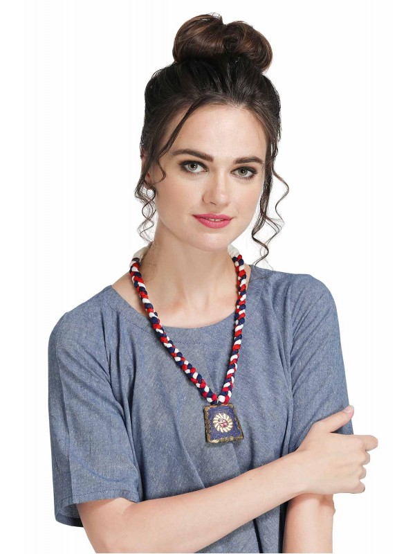 Caressa By Zenitex Multicolour Yarn Necklace With Blue Metal Pendant