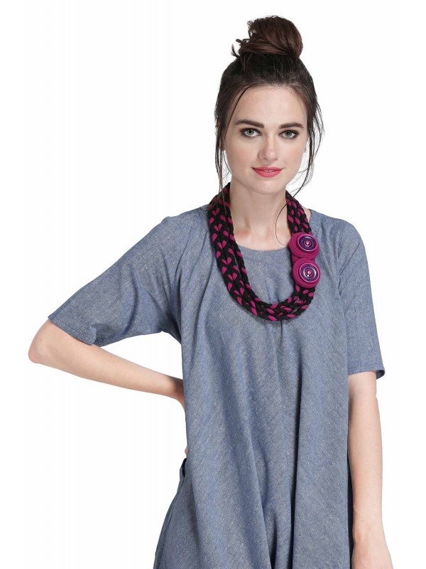 Caressa By Zenitex Magenta & Black Cotton Lycra Coiled Necklace With Braided Shell Buttons