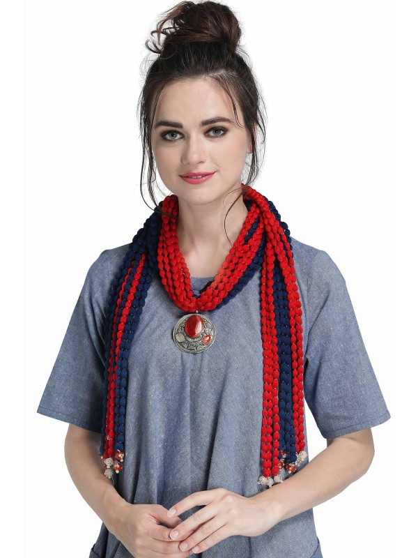 Caressa By Zenitex Red And Blue Yarn Necklace With Silver Pendant And Colourful Beads