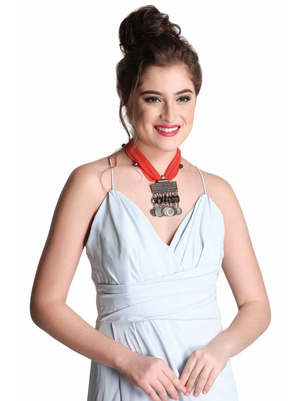 Caressa By Zenitex Red Georgette Necklace With Metal Pendant