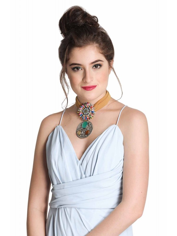 Caressa By Zenitex Orange Georgette Necklace With Metal Pendant