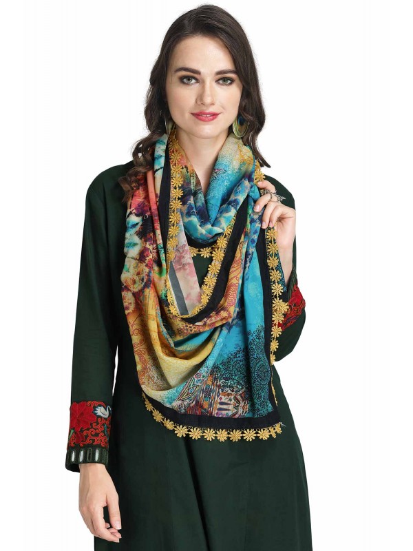 Caressa By Zenitex Multicolour Digital Printed Butter Crepe Scarf With Crochet Lace
