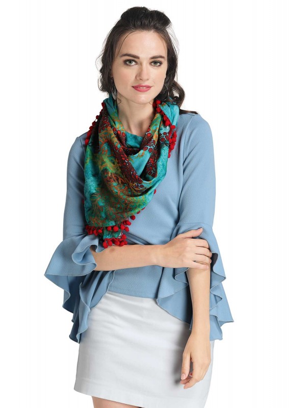 Caressa By Zenitex Sea Green Butter Crepe Digital Printed Woollen Red Lace Scarf