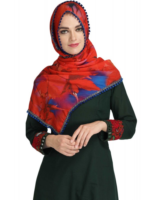 Caressa By Zenitex Red Butter Crepe Digital Printed Woollen Red Lace Scarf