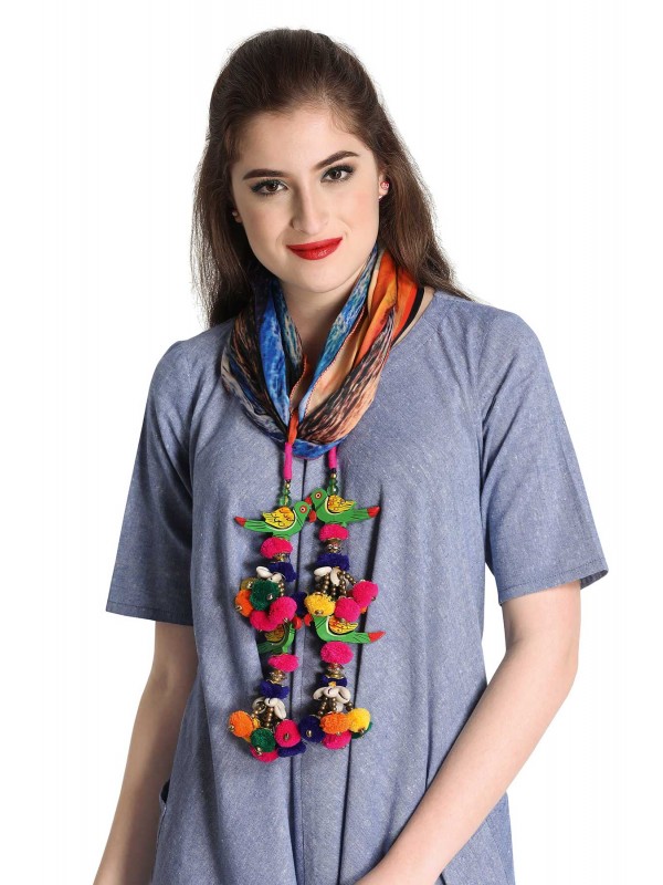Caressa By Zenitex Digital Printed Butter Crepe Multicolour Parrot Tuft Tasselled Scarf