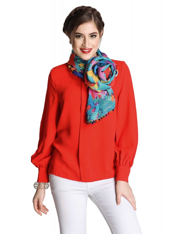 Caressa By Zenitex Multicolour Digital Printed Jute Woollen Beads Lace Scarf