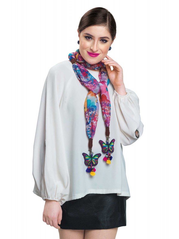 Caressa By Zenitex Digital Printed Multicolour Jute Butterfly Tasselled Scarf
