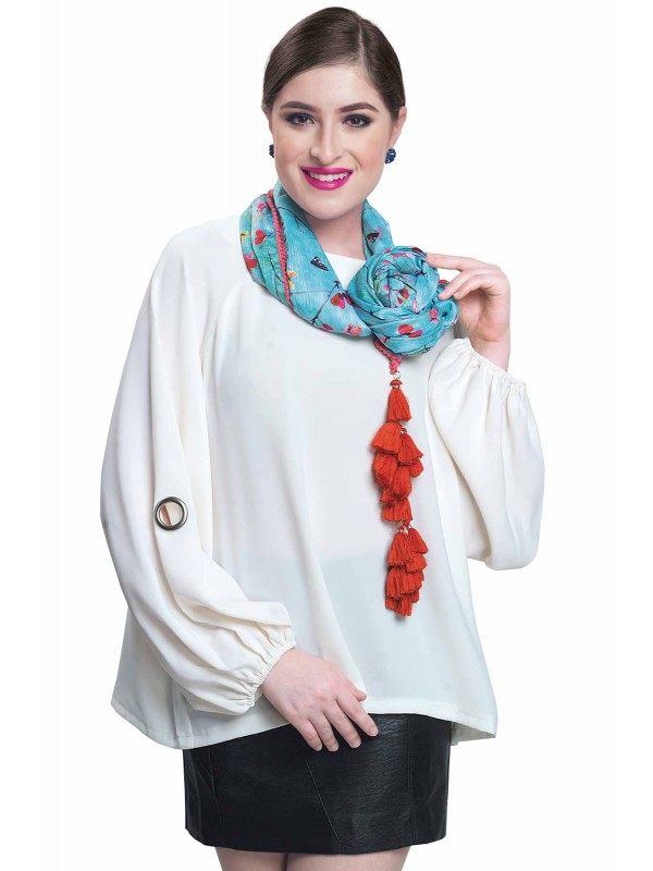 Caressa By Zenitex Blue Digital Printed Multicolour Butter Crepe Thread Tasselled Woollen-Lace Scarf