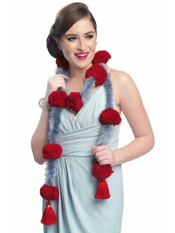 Caressa By Zenitex Grey Woollen Red Tuft With Tasselled And Fur Tasselled Fantasy Wear