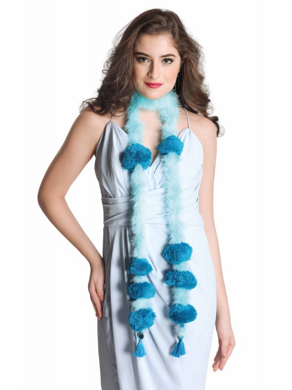 Caressa By Zenitex Blue Woollen Tuft With Tasselled And Fur Blue Tasselled Scarf