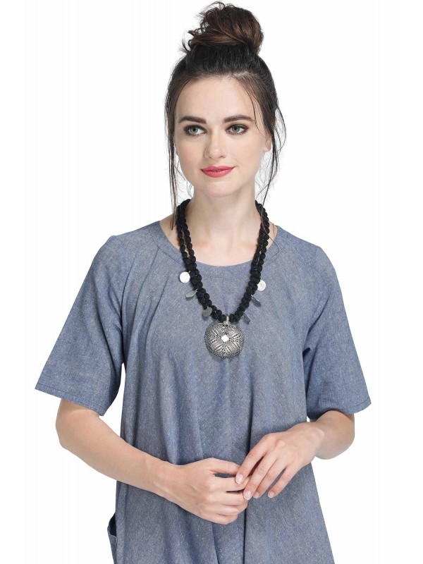 Caressa By Zenitex Black Yarn Necklace With Silver Pendant & Coins