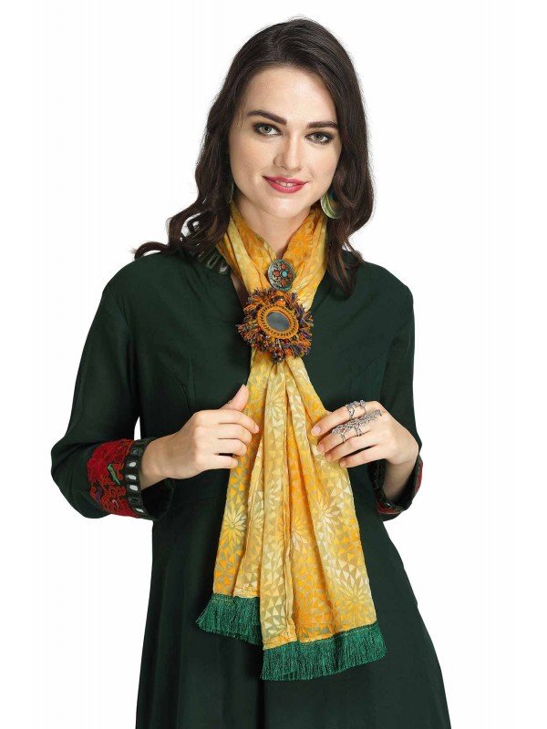 Caressa By Zenitex Yellow Exclusively Designed In Brasso With A Fringe Lace, Enhanced With A Handcrafted Pendant In Kutch Embroidery