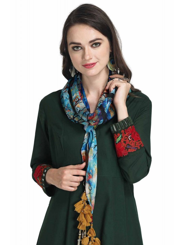 Caressa By Zenitex Blue Butter Crepe Digital Printed Multicolour Thread Tasselled Scarf