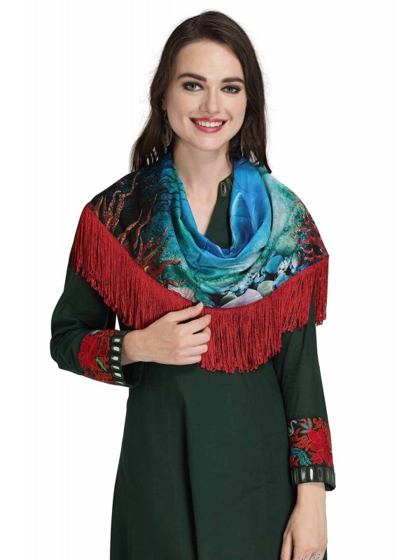 Caressa By Zenitex Sea Green Digital Printed Butter Crepe Multicolour Fringe Red Lace Scarf