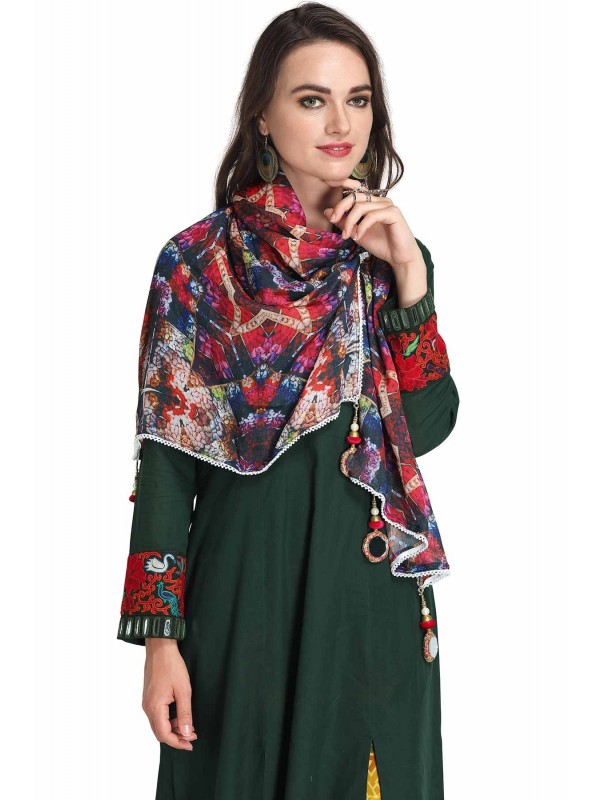 Caressa By Zenitex Digital Print Multicolour Jute White Pearl Lace With Mirror Tasselled Scarf 