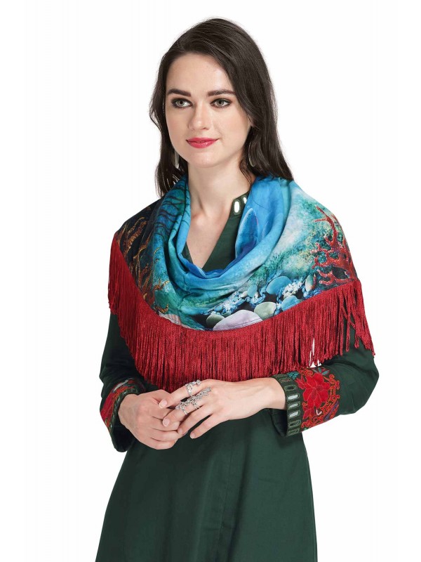 Caressa By Zenitex Digital Print Butter Crepe Multicolour Fringe Red Lace Scarf