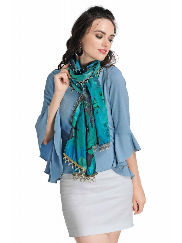 Caressa By Zenitex Digital Print Butter Crepe Multicolour Golden White Pearl Lace Scarf