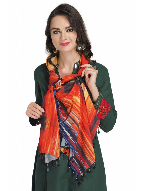Caressa By Zenitex Red Digital Printed Butter Crepe Scarf With Black Beads And Tikli Lace