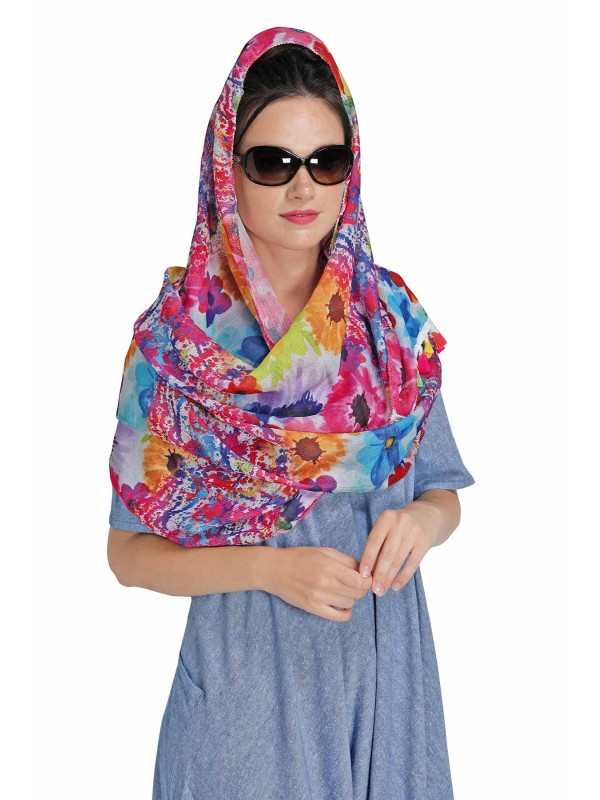 Caressa By Zenitex Multicolour Digital Printed Jute Multicolour Thread Lace Scarf
