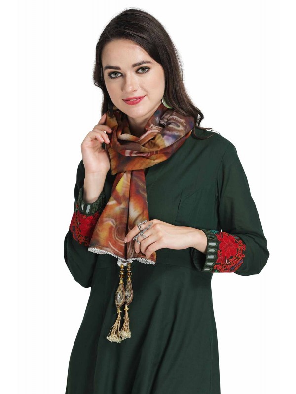 Caressa By Zenitex Brown Digital Printed Butter Crepe White Pearl Lace With Stone Tasselled Scarf