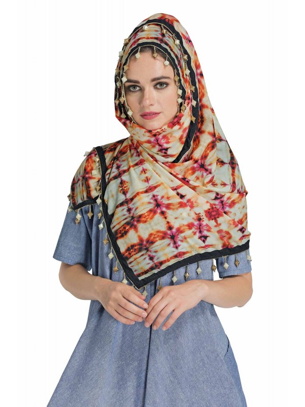 Caressa By Zenitex Beige Butter Crepe Digital Printed Golden Beads Lace Scarf