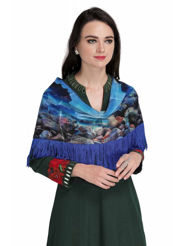 Caressa By Zenitex Butter Crepe Digital Print Blue Fringe Lace Scarf