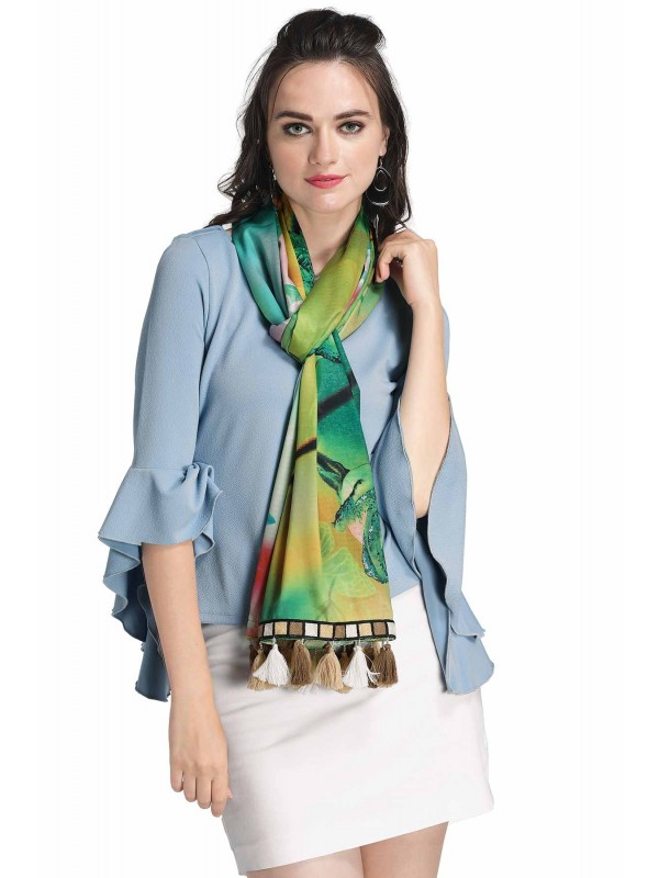 Caressa By Zenitex Sea Green Butter Crepe Digital Printed Thread Lace Scarf