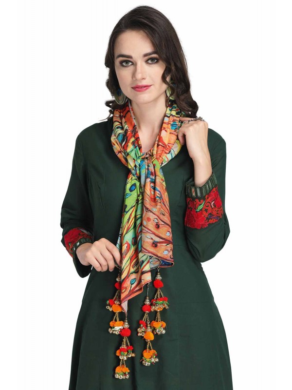 Caressa By Zenitex Sea Green Butter Crepe Digital Printed Thread Lace Scarf