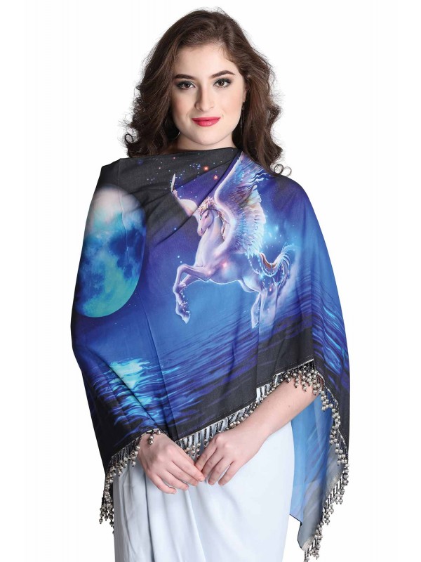Caressa By Zenitex Butter Crepe Blue Unicorn Digital Print Silver Beads Lace Scarf