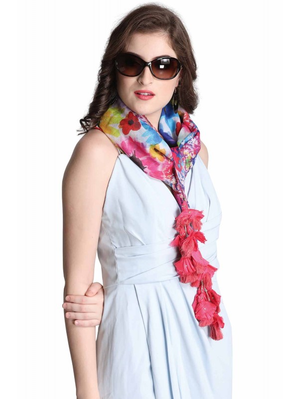 Caressa By Zenitex Digital Print Multicolour Jute Tasselled Scarf