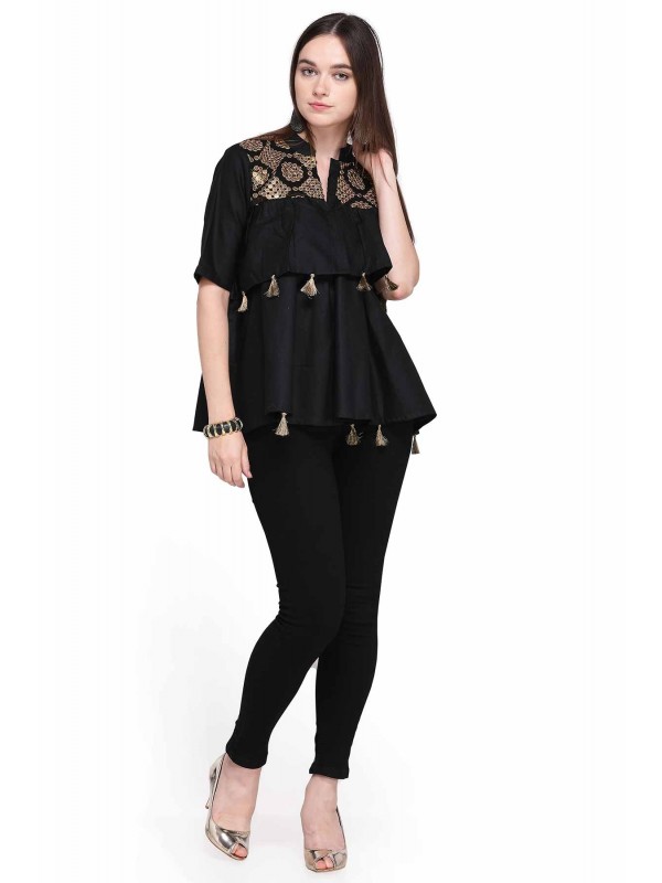 Caressa By Zenitex Black Cotton Linen Georgette Tunic