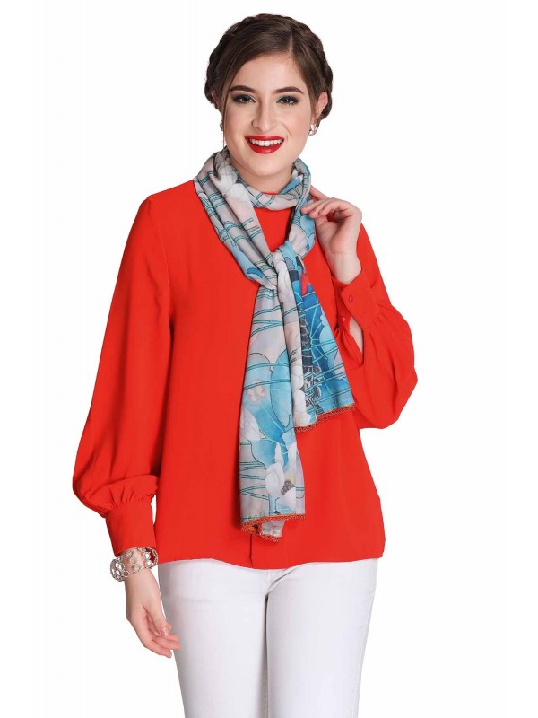 Caressa By Zenitex Digital Print Butter Crepe Orange Beads Lace Scarf