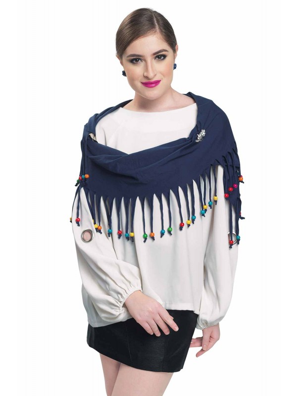 Caressa By Zenitex Blue Cotton Lycra Scarf With Multicolour Wooden Beads And Silver Metal Broach
