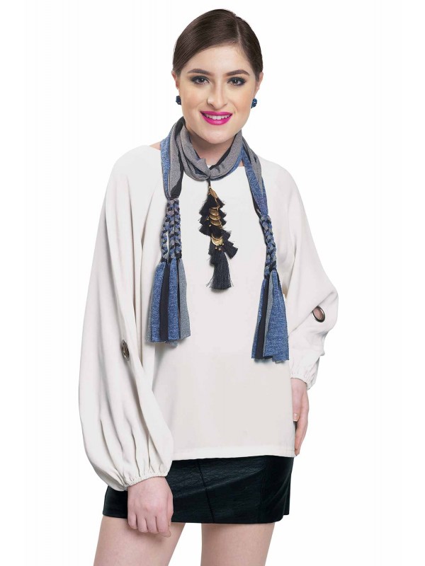 Caressa By Zenitex Multicolour Cotton Lycra Scarf With Black And Golden Thread Tasselled