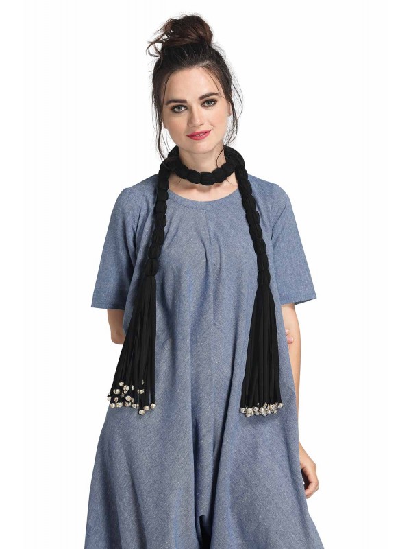 Caressa By Zenitex Black Cotton Lycra Necklace With White Pearl And Diamond Beads