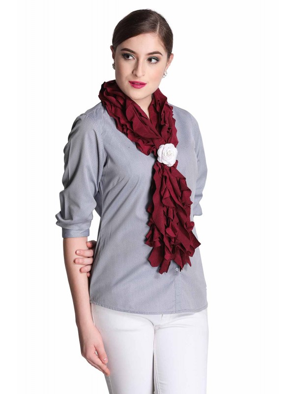 Caressa By Zenitex Maroon Cotton Lycra Scarf With White Flower Rubbering