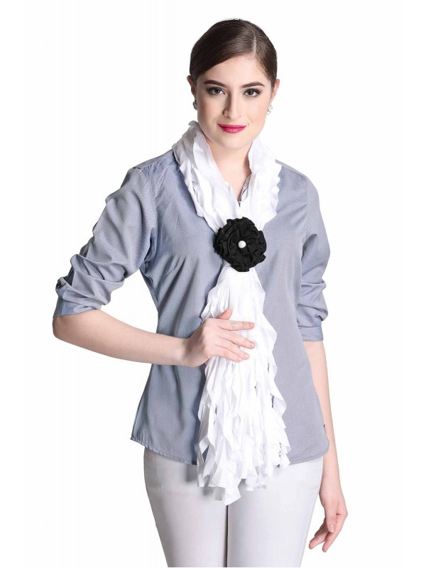 Caressa By Zenitex White Satin Lycra Scarf With Black Flower Rubbering
